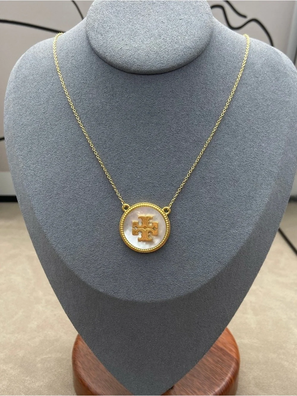 Tory Burch Gold-Tone Necklace with White Mother-of-Pearl Logo Pendant